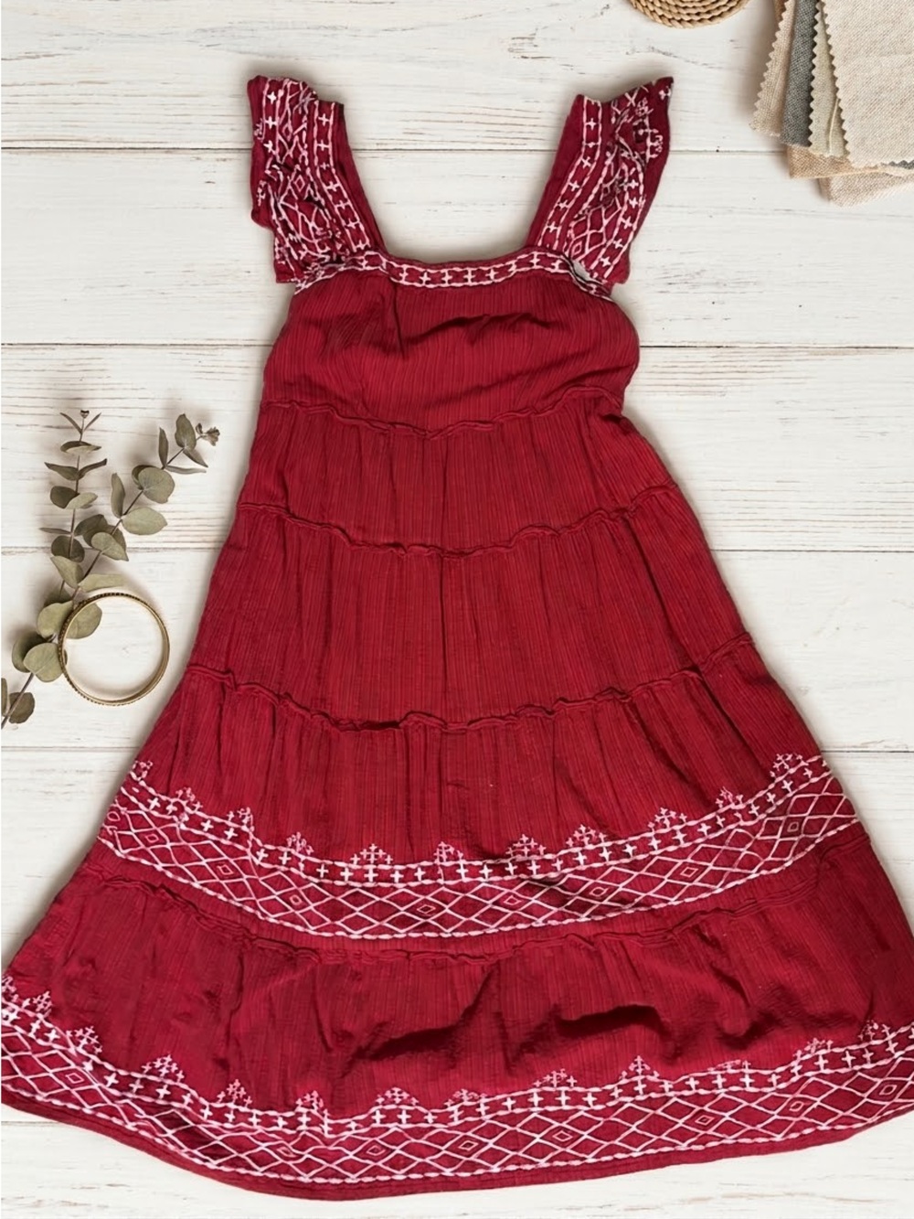 Knox Rose Red Smocked Dress with White Embroidered Trim
